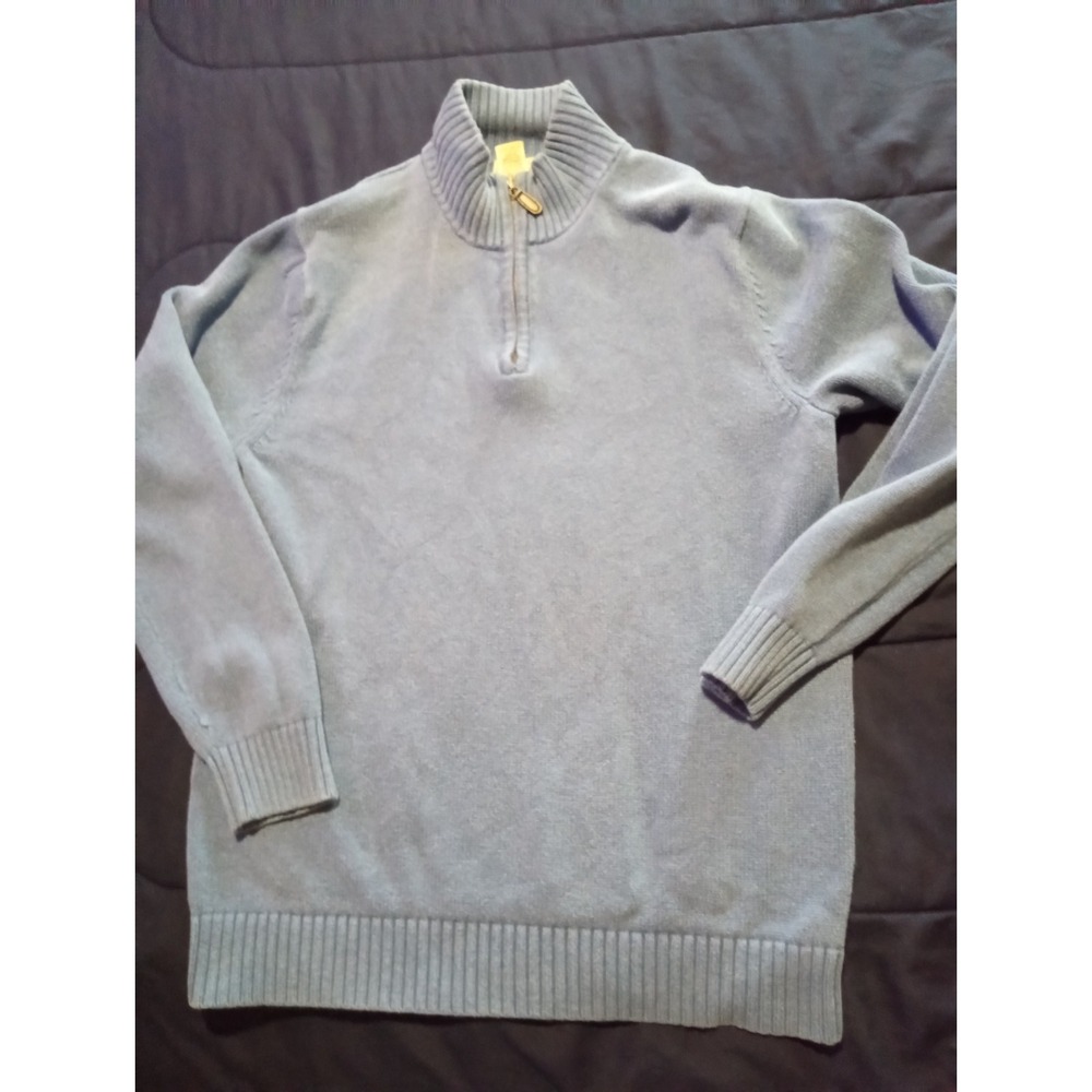 LL Bean Textured Wash Cotton Sweater Medium Tall Blue‎ 1/4 Zip Classic Core